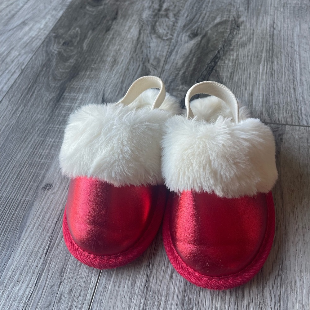 Red and White Faux Fur Slippers